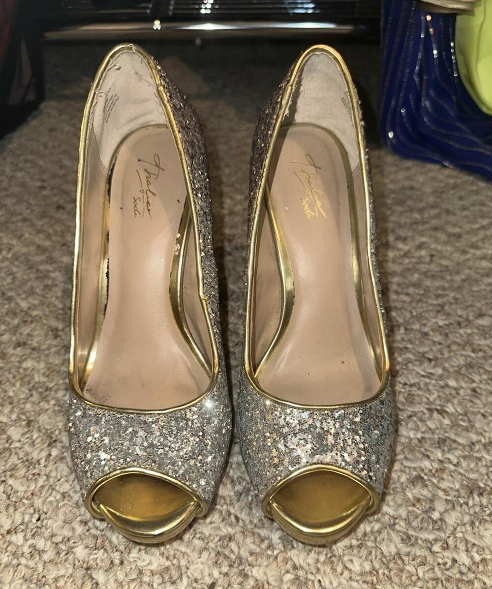 Thalia Sodi Women’s Slip-On Glitter Open Toe Stiletto Pumps, Silver/Gold 7.5